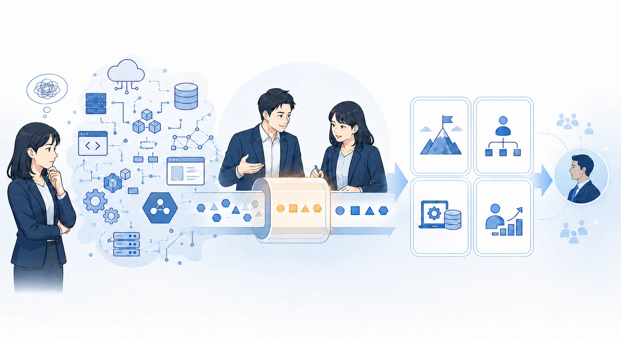 人事担当者が複雑な技術情報をHiring Managerと採用要件へ整理しているイメージ