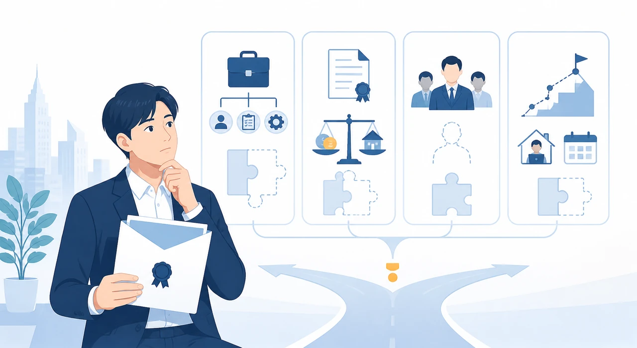 オファーを受け取った候補者が仕事内容や条件など未解決の判断材料を前に迷っているイメージ