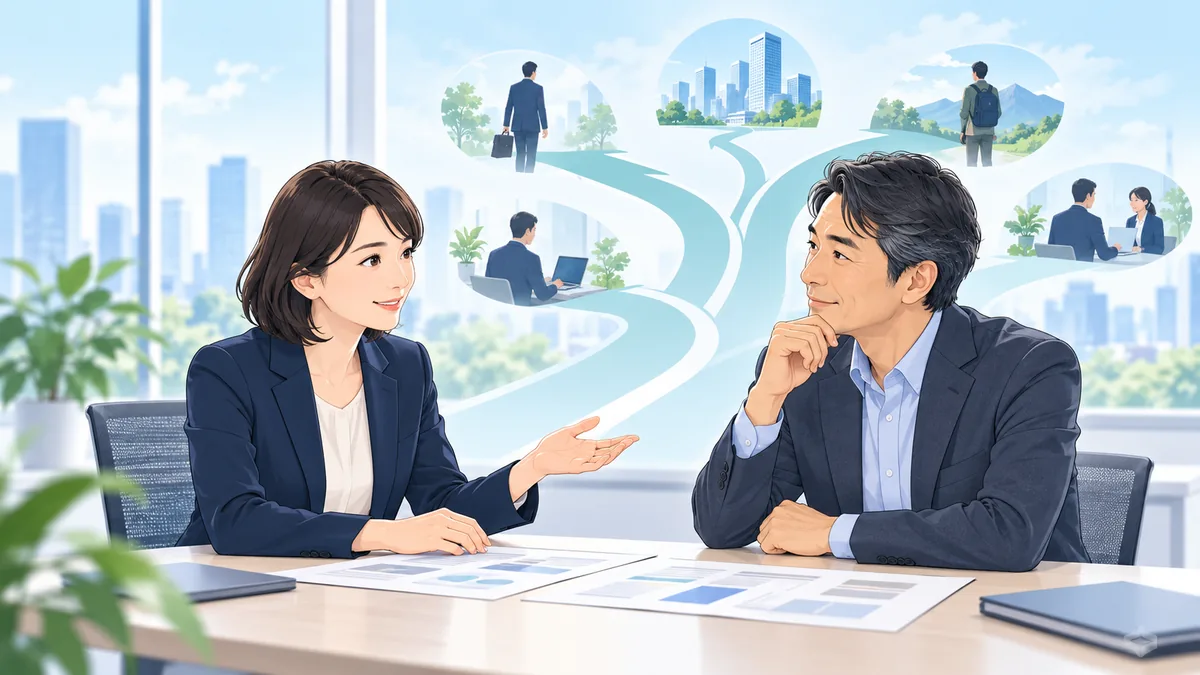 早期退職後のキャリアの選択肢について相談する社員と人事担当者のイラスト