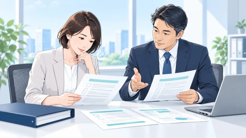 早期退職制度の規程や募集条件を確認する人事担当者のイラスト