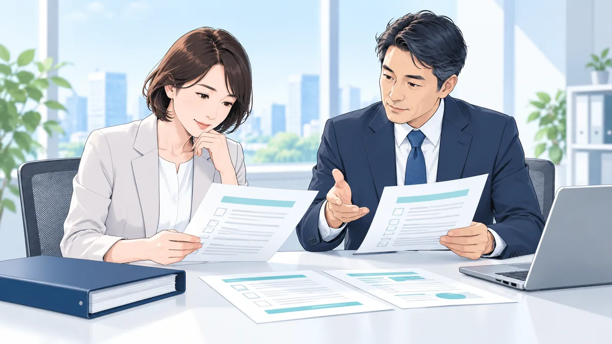 早期退職制度の規程や募集条件を確認する人事担当者のイラスト