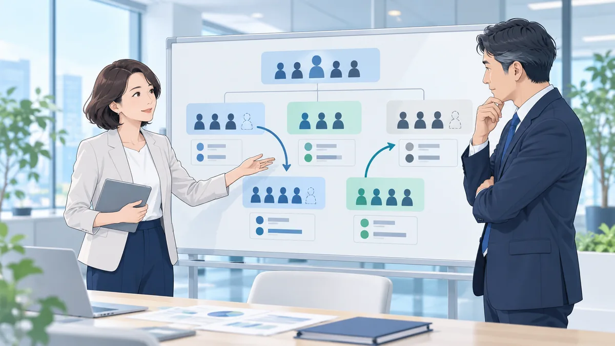 業務と人材の配置を見直す人事担当者のイラスト
