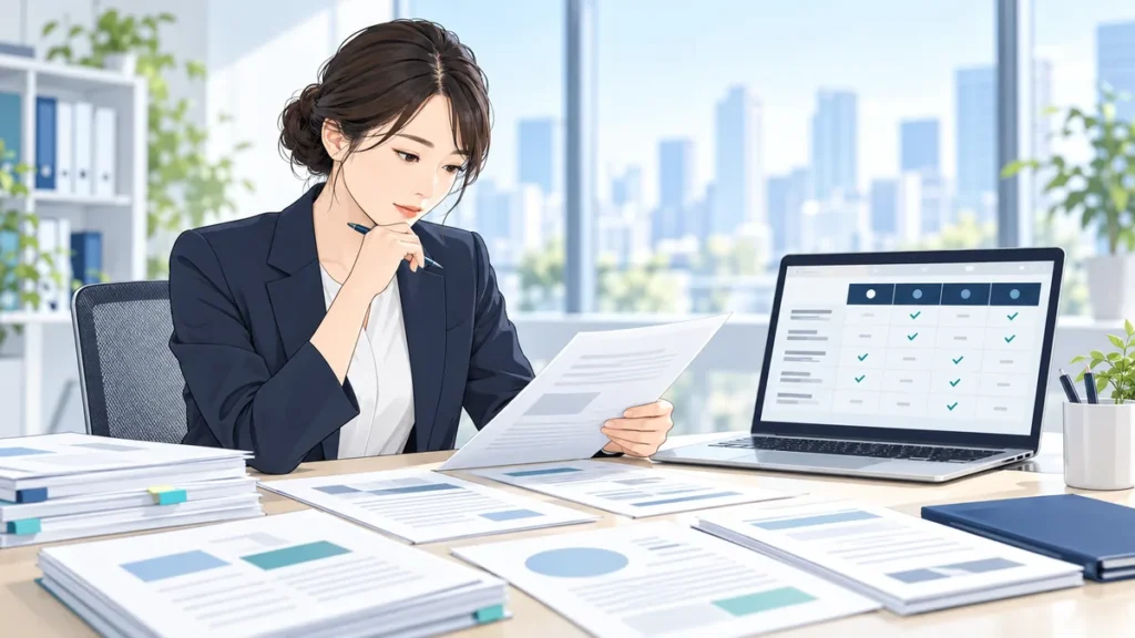 企業開示資料の再就職支援に関する記載を比較する人事担当者のイラスト