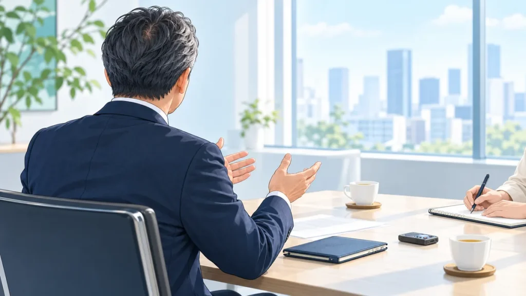 再就職支援について取材を受ける匿名のキャリアコンサルタントのイメージイラスト