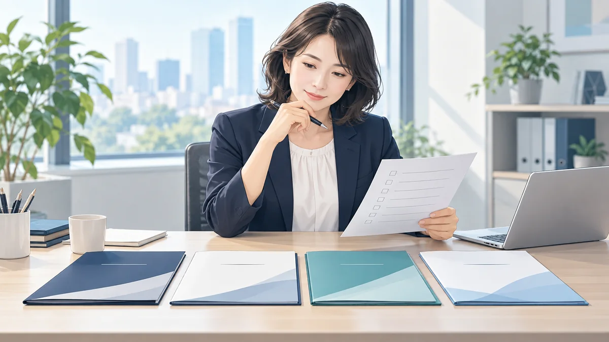 再就職支援サービスの提案資料を比較検討する企業の人事担当者